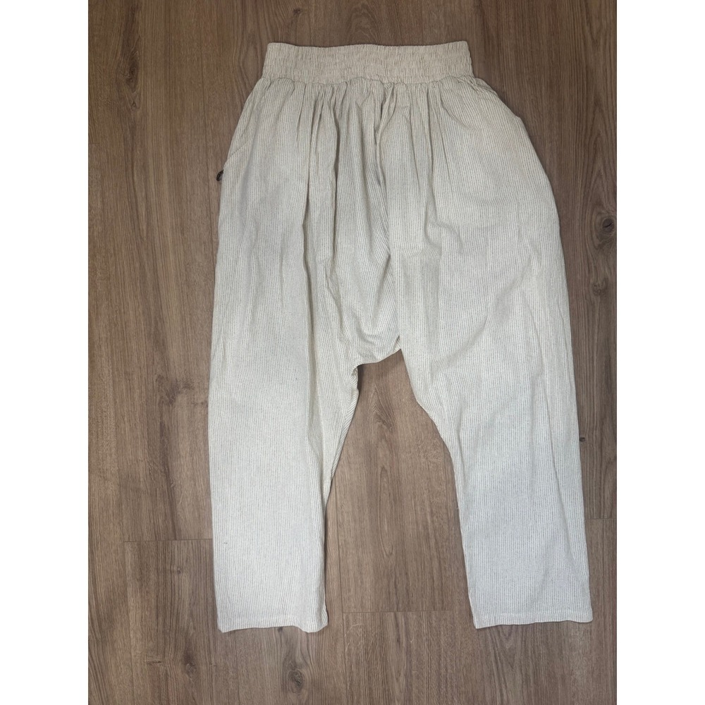 Jaded Gypsy Striped Linen Harem Pants Cream Grey Drop Crotch Boho Tapered Leg L - Picture 2 of 5